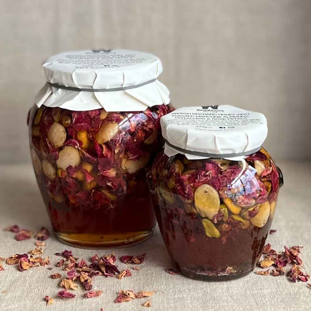 British orchard honey with toasted almonds, pistachios & rose petals - Wainwright's Bee Farm