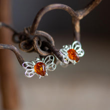 Load image into Gallery viewer, Honey Bee Stud Earrings in Silver and Amber - Henryka
